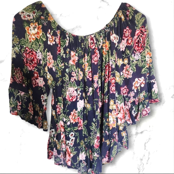 Vanilla Star Tops - Hippie Laundry Navy Floral Flowy Top-Size Large- Off The Shoulder